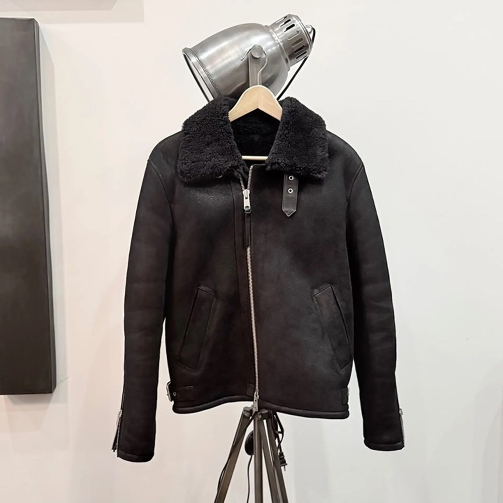 ALLSAINTS Men’s Black Shearling Jacket with Genuine Leather (XS)